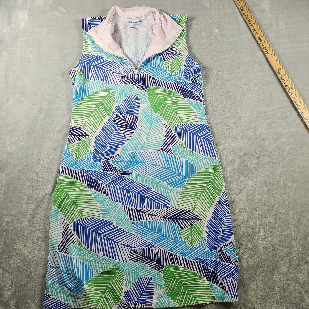 IBKUL Marley Blue Green Leaf Print Sleeveless Mock‎ Golf Tennis Dress Women's S